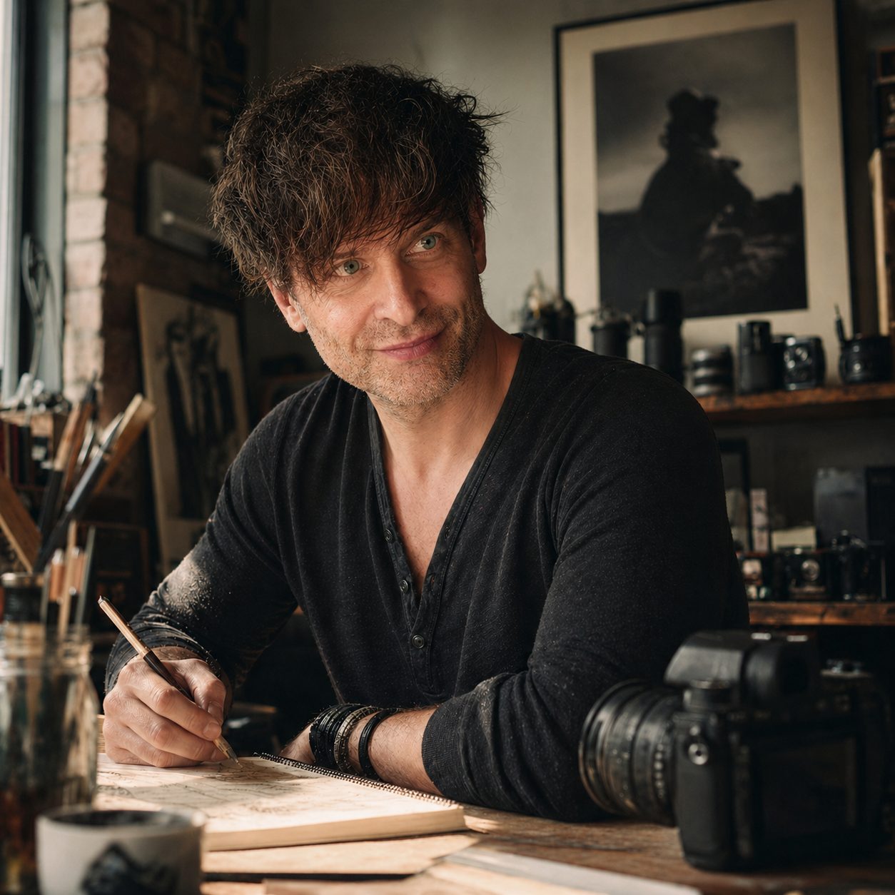 Porträt von René Lüdke, Business- und Porträtfotograf aus Hamburg, am Schreibtisch im Atelier mit Kameraequipment